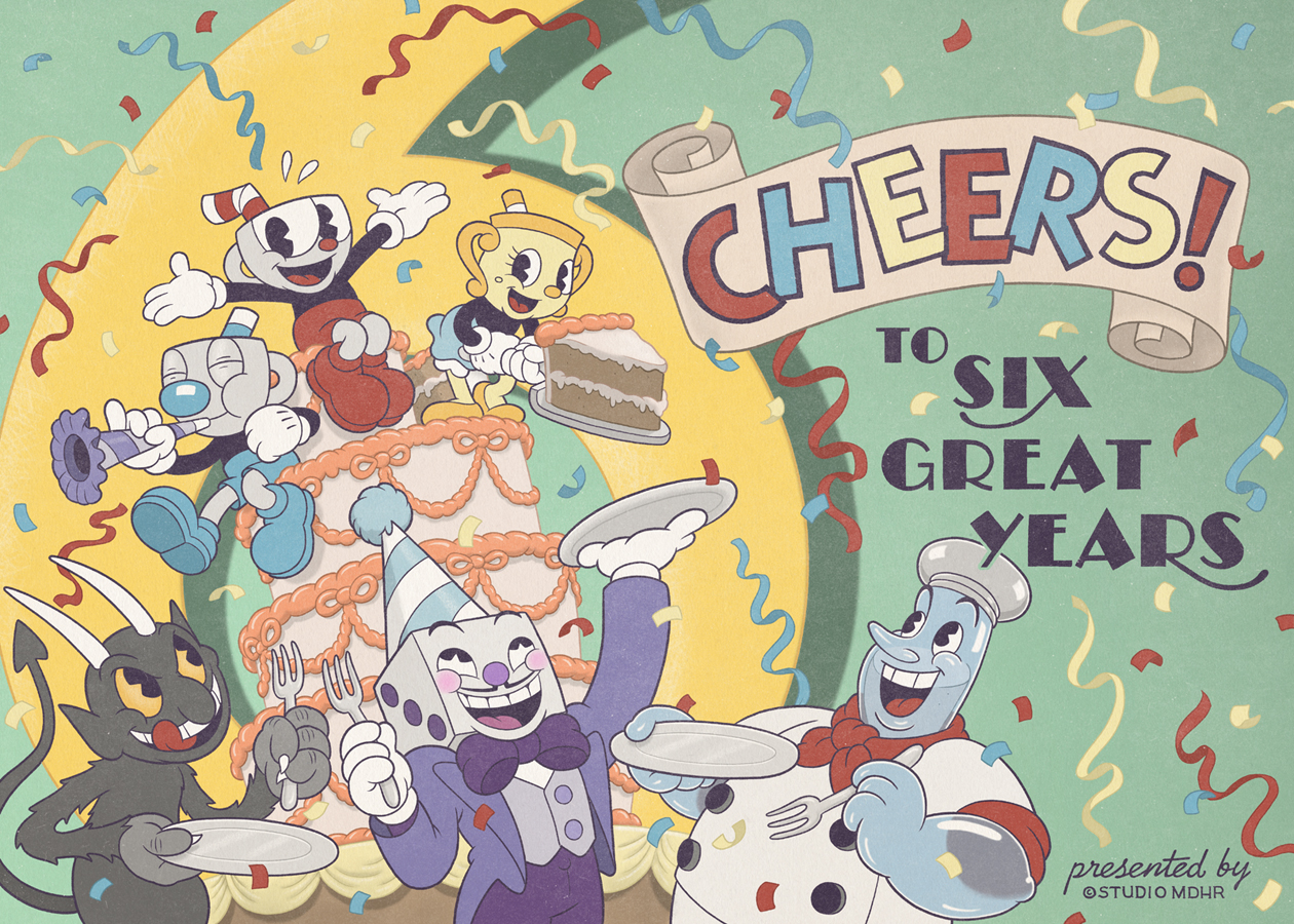 Cartoon protagonists and villains from the video game Cuphead in celebratory scene. Main characters Cuphead, Mugman, and Ms. Chalice are perched atop an exaggeratedly large multi-tier birthday cake, while characters The Devil, King Dice, and Chef Saltbaker stand at bottom. A large numeral 6 is in the background, along with colourful confetti.